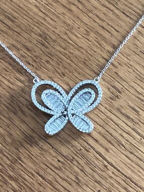 Butterfly silver marked 925 necklace with clear rhinestones 16 to 20 inch length